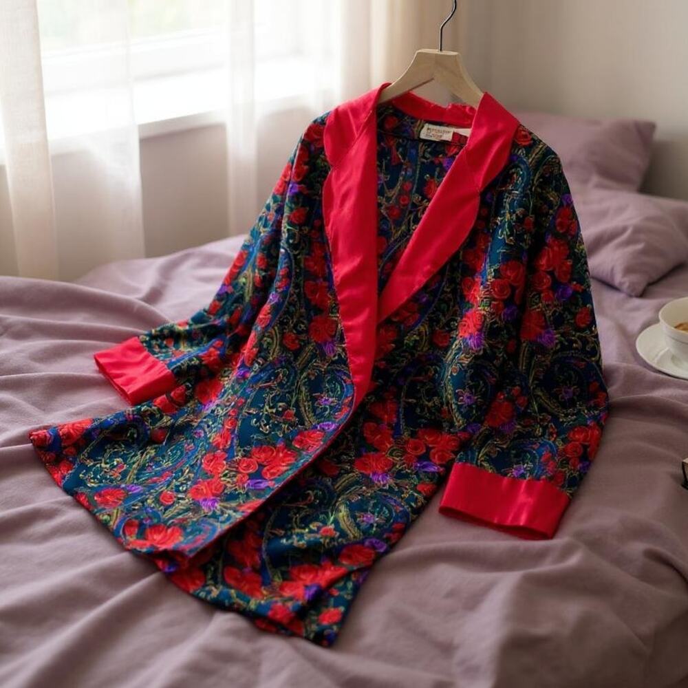 Victorias Secret VTG Satin Notch Collar Sleep Shirt Red Floral PJs Womens Medium